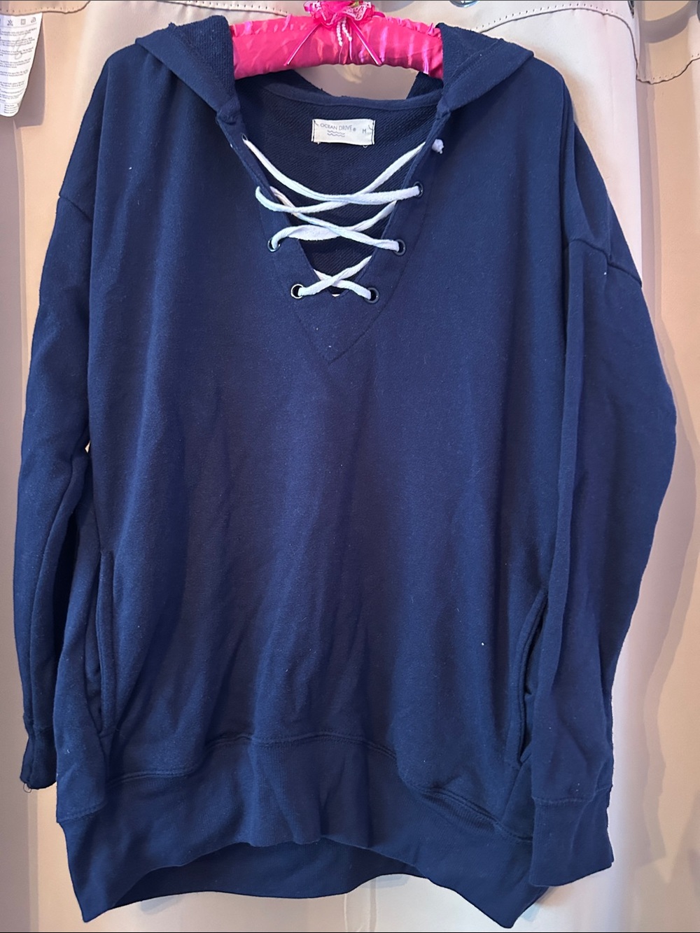Ocean Drive Navy Blue Lace-Up Hoodie Sweater